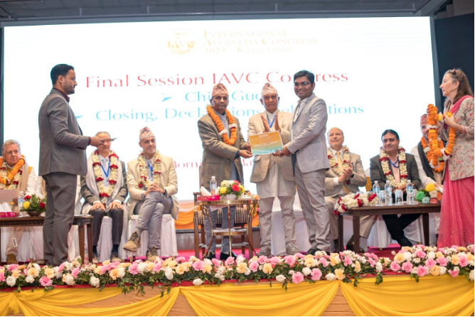 A gathering of Ayurvedic experts from around the world at the 7th International Ayurveda Congress in Kathmandu, Nepal. Dr. Ankita Shirkande is recognized for her significant contributions to the event.