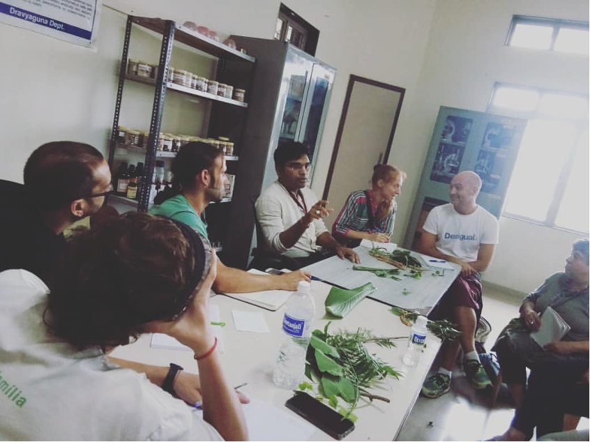 On August 7, 2019, a lecture and demonstration on Herbology were conducted with students from Spain. The session focused on the identification, properties, and therapeutic uses of various medicinal herbs in Ayurveda.